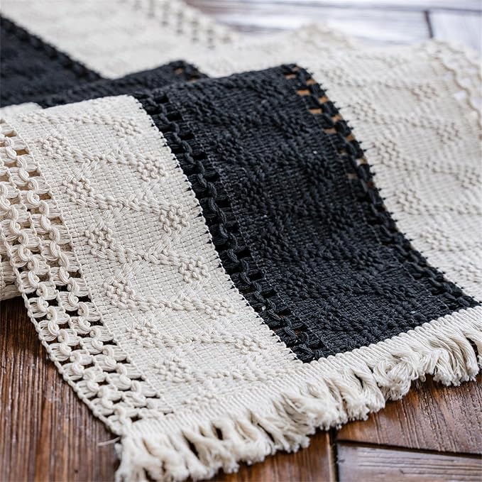Macrame Table Runner Cream Beige and Black Boho Table Runners - Image 5
