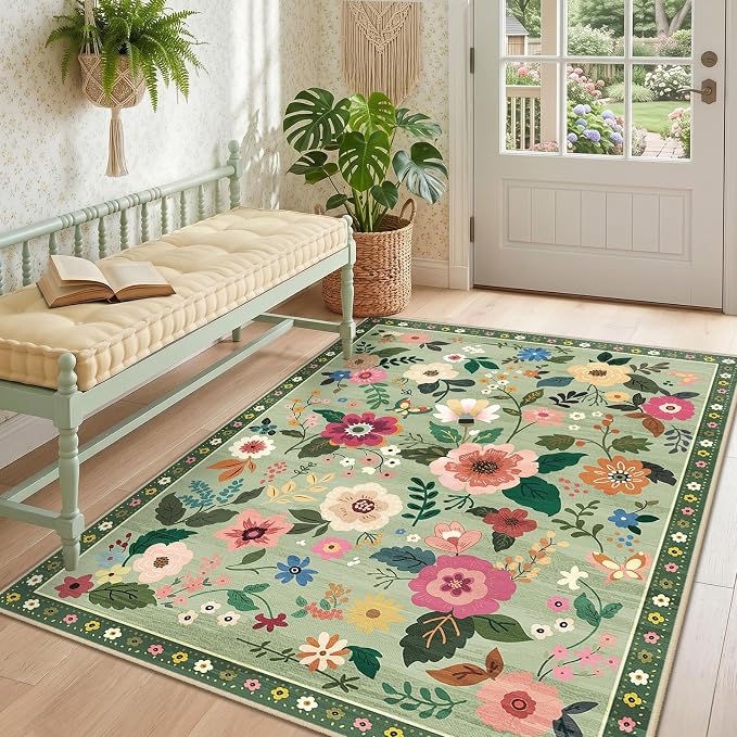 RELEANY Floral Washable 4x6 Area Rugs LightGreen | Flower Carpet Print Boho - Image 8