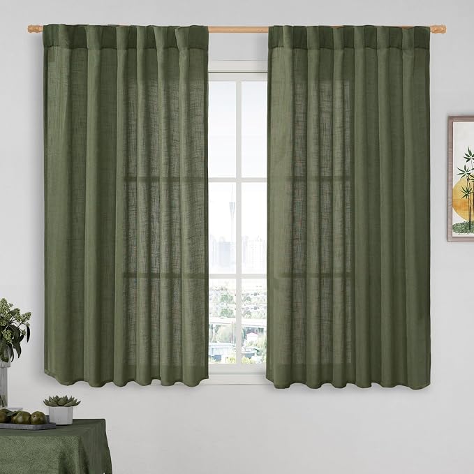 Olive Green Light Filtering Linen Curtains 54 inches Long by LAMIT