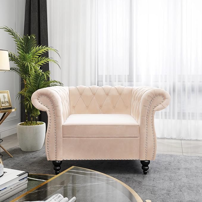 ORRD 2 Piece Living Room Set, Velvet Chesterfield Sofa Couch Chair - Image 3