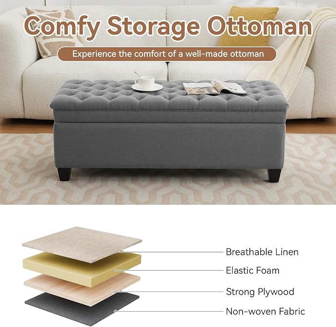 WUTUTUEE 51" Fabric Storage Ottoman Bench, Upholstered Rectangle End of Bed - Image 5
