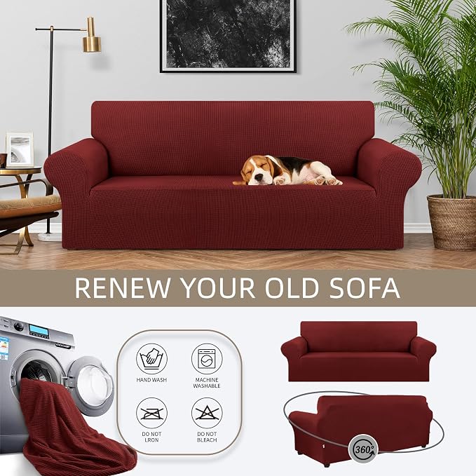 Stretch Oversized Couch Covers for Sofa Slipcover, Dark Red | 1-Piece Washable - Image 3