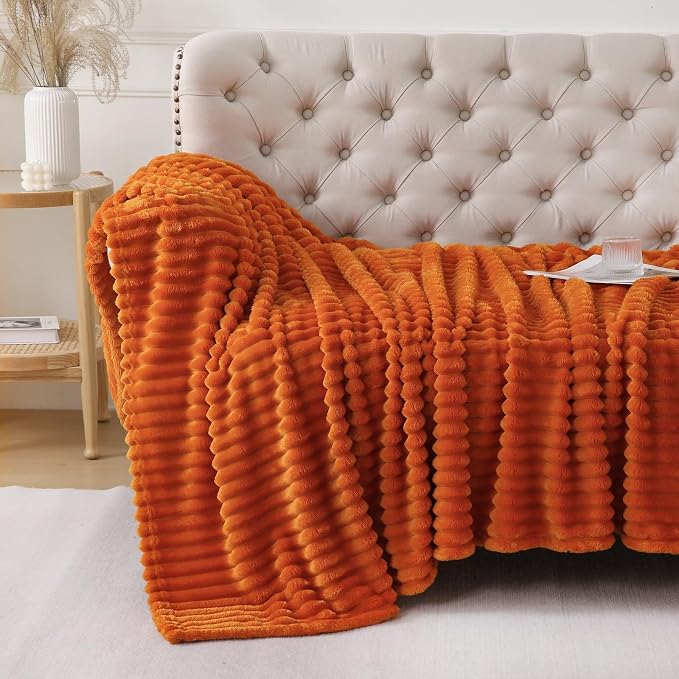 Orange Throw Blanket for Couch Sofa 50x70 inches Striped Design | Fleece - Image 2