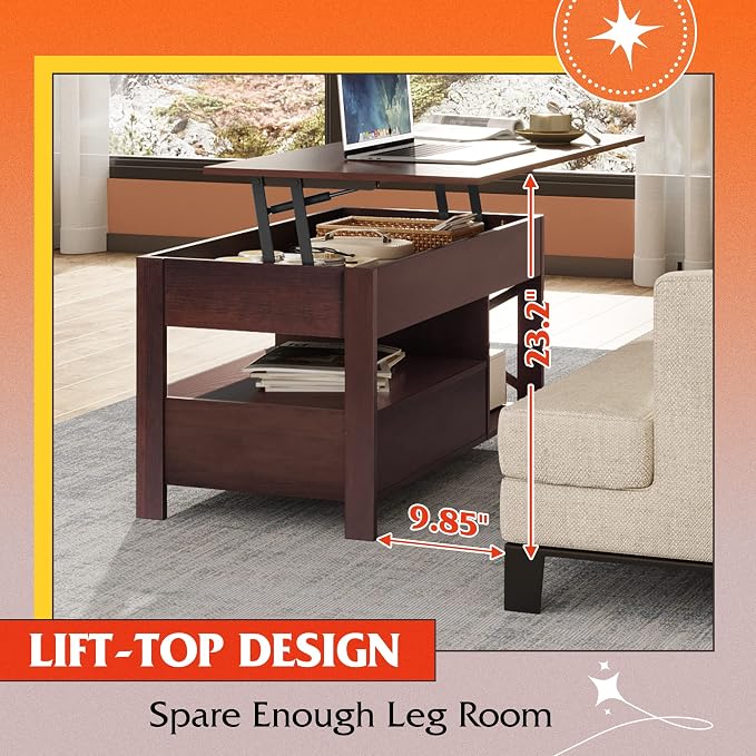 WLIVE Lift Top Coffee Table, Hidden Compartment, Wooden Lift Tabletop Center - Image 3