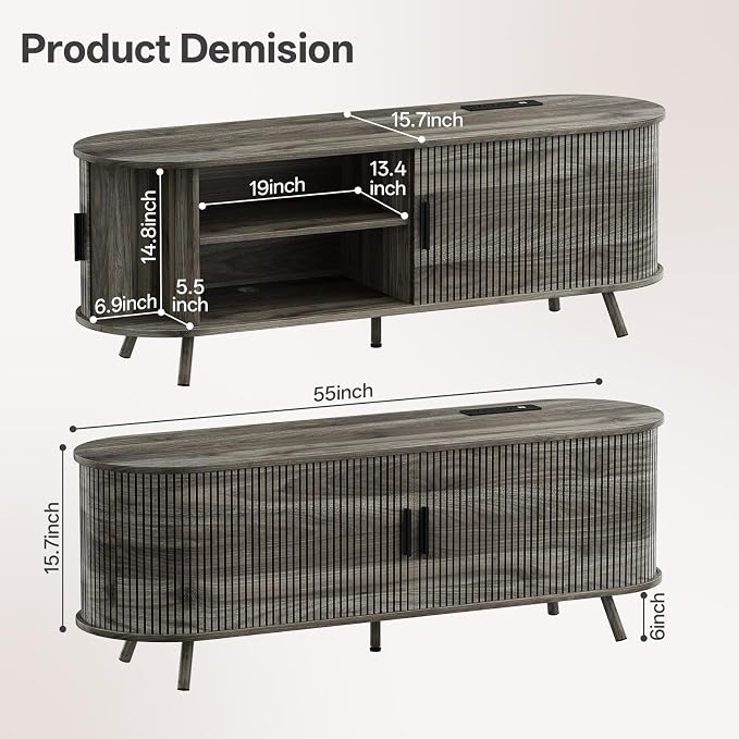 55 inch TV Stand with Power Outlet, Fluted Entertainment Center - Image 2