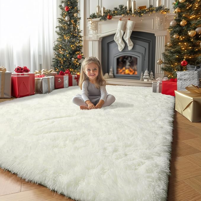 Amdrebio Cream Ivory White Shag Area Rug 5x8 - Image 3