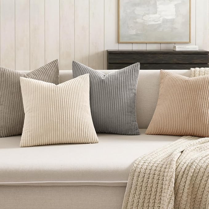 MIULEE Soft Corduroy Decorative Throw Pillow Covers Neutral Cream 18x18 | Set - Image 3