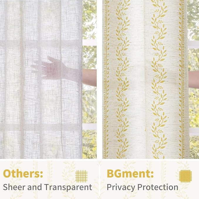 BGment Mustard Yellow Vintage Floral Linen Curtains - Image 6