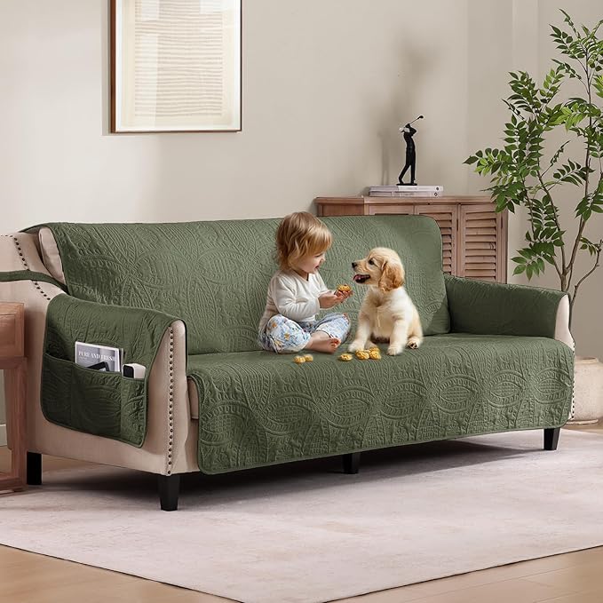 Quilted Olive Green Sofa Slipcovers by Pamhaven