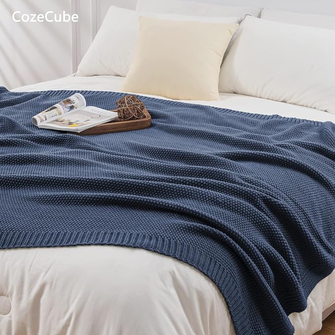 CozeCube Dusty Blue Seed Stitch Throw Blanket 60"x80", Farmhouse Decor | Blanket - Image 2