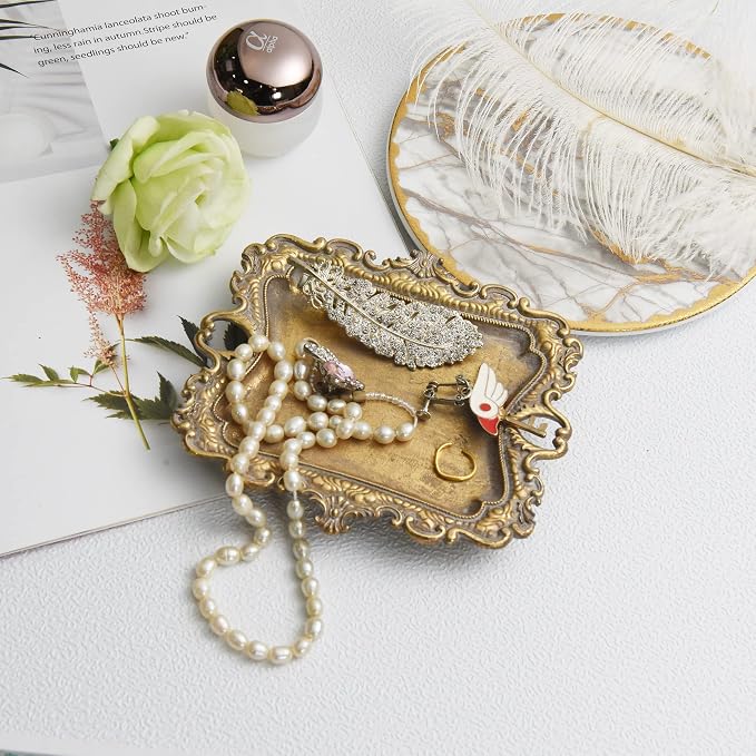 Funly mee Small Antique Trinket Dish Vintage Gold Metal Jewelry Tray, Ring - Image 2