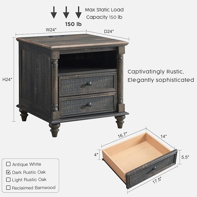 T4TREAM 24'' Farmhouse End Table w/4 Solid Wood Feet, Large 2 Drawers Wide Sofa - Image 6