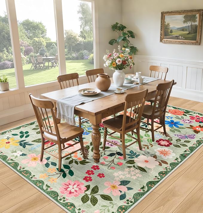 PLHXFR Area Rug 9x12 Living Room: Floral Washable Boho Soft Carpet Green | - Image 4