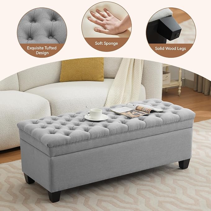 WUTUTUEE 51" Fabric Storage Ottoman Bench, Upholstered Rectangle End of Bed - Image 4