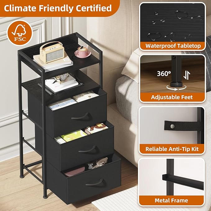 Somdot Nightstand with 3 Drawers, Dresser with Fabric Bins - Image 6