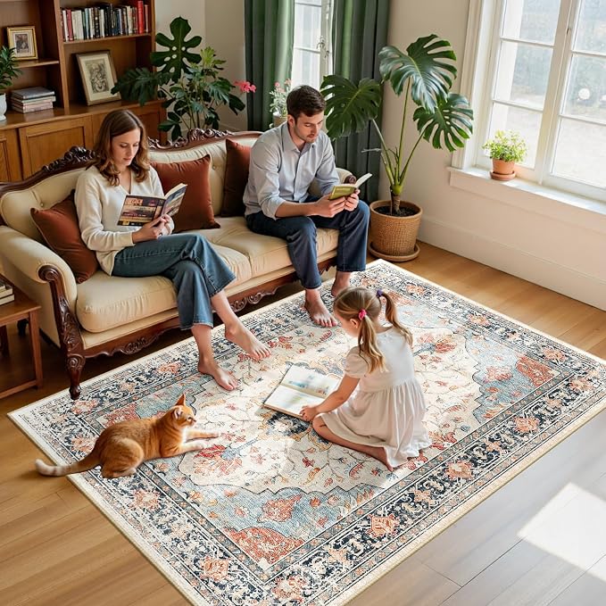 RELEANY Washable Area Rug, Water Repellent, Pet Friendly, Vintage Floral Boho - Image 3