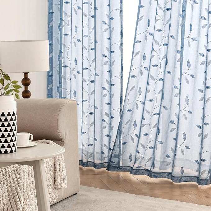 MIULEE Stone Blue Sheer Curtains 2 Panels Leaf Patterned, W52 x L96 | - Image 3