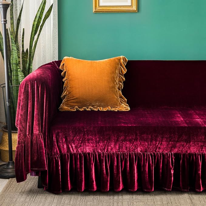 GLORY SEASON Velvet Sofa Cover Soft Decorative Luxurious Solid Exquisite Ruffle - Image 2