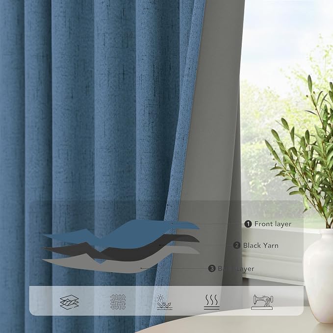 Denim Blue Living Room Black Out Curtains 63 Inch Long Insulated Thermal - Image 6