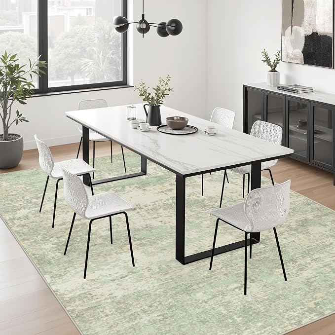 5x8 Area Rug Living Room: Modern Washable Soft Carpet Green Cream | - Image 4