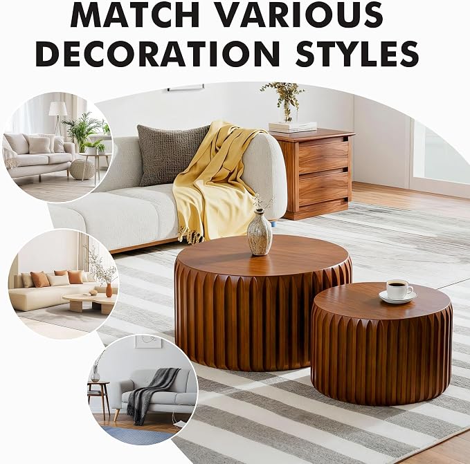 Round Nesting Coffee Table Set of 2, Mid Century Modern Wood Fluted Coffee Table - Image 7