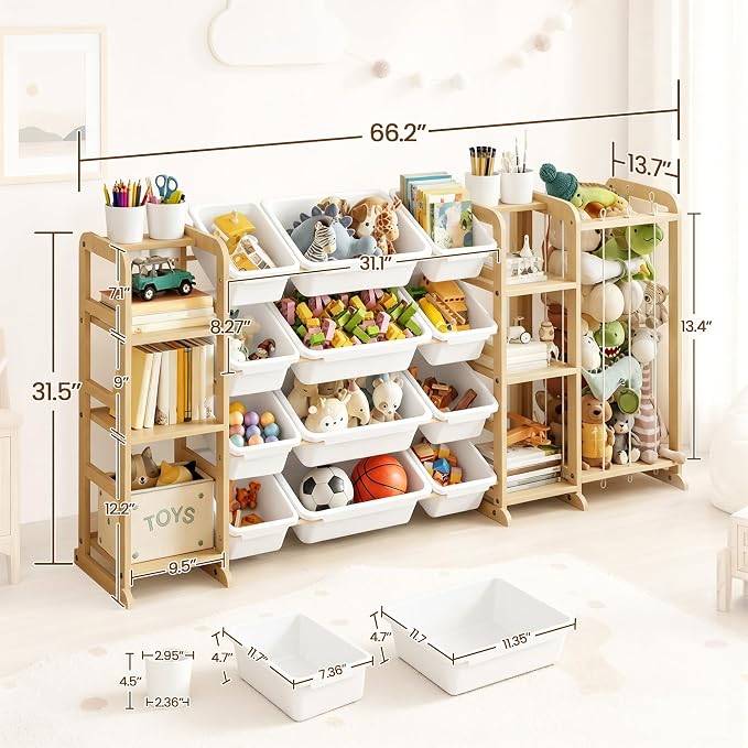 Toy Storage Shelf 3-in-1 Bookshelf & Stuffed Animal Storage & 12 Plastic Bins - Image 2