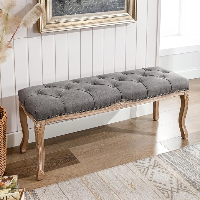Cozyman Bedroom Bench, French Vintage Tufted Entryway 45.2" Carving Upholstered - Image 2