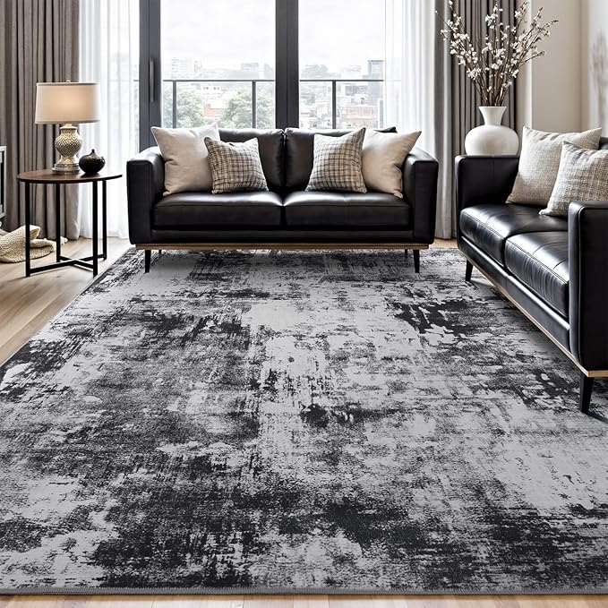 Rugflix 9x12 Area Rugs for Living Room, Washable Black Grey Dark Large Rug | by RugflixAreaRugs