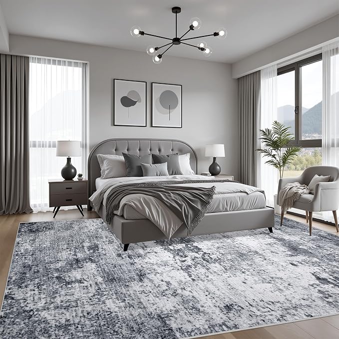 5x7 Area Rug Living Room: Modern Washable Indoor Soft Carpet Grey | - Image 4