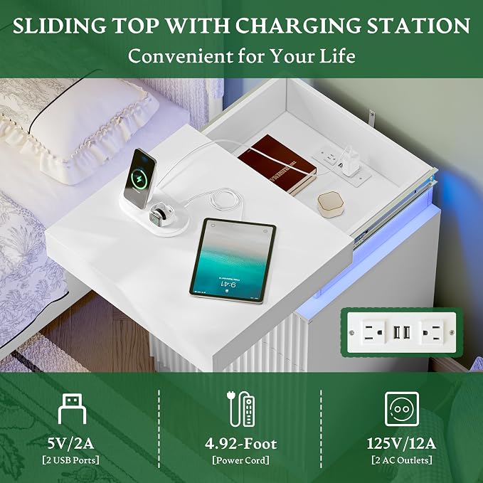 Xixini Nightstand with Charging Station and LED Lights, Fluted Night Stand with - Image 3