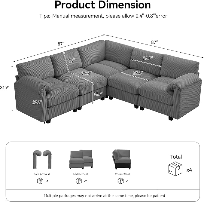 87'' V-Shaped Sectional Sofa Couch, 5-Seater Modular Couches - Image 2