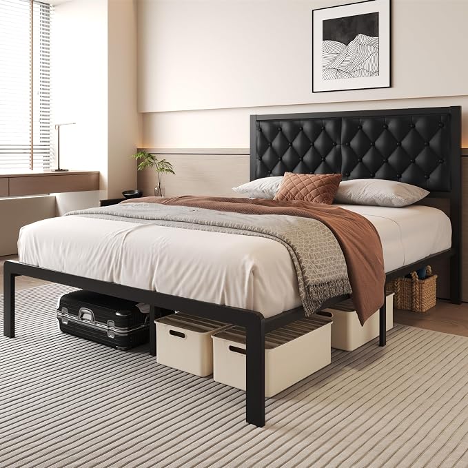 Fluest Queen Bed Frame with Headboard PU Leather Upholstered Bed Frame Platform - Image 3