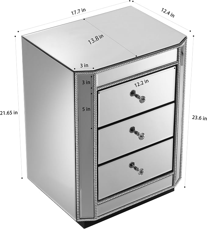 3-Drawer Mirrored Nightstand Bedside Table, Modern Mirrored End Side Table - Image 2