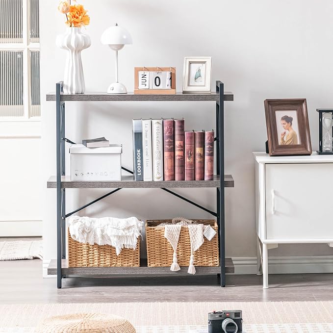 HCHQHS Bookshelf, 3-Tier Industrial Bookcase, Rustic Open Book Shelf, - Image 9