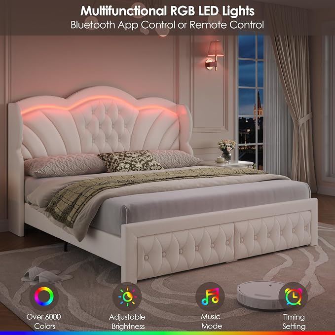 Keyluv Full Bed Frame Arc-Shaped LED Lights and 47.2" Height Wingback Bed - Image 4