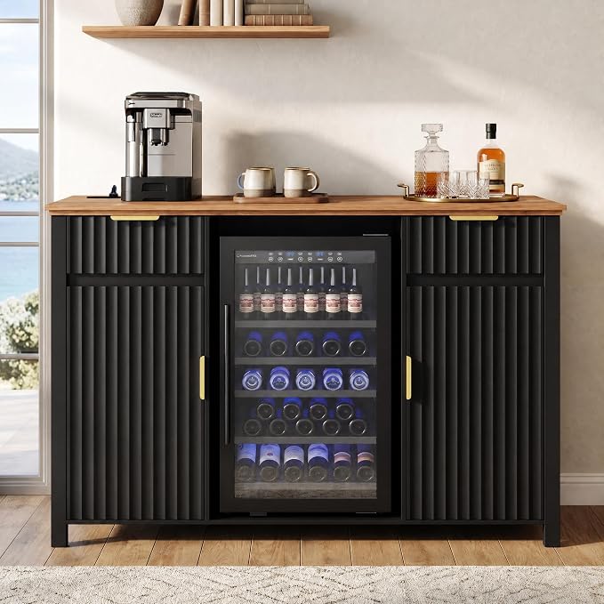 Coffee Bar with Mini Fridge Space & Charging Station, Modern Fluted Mini Fridge - Image 3