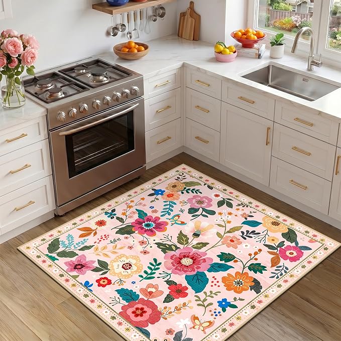 RELEANY Floral Washable Square 5ft Area Rug Pink | Flower Carpet Print Boho - Image 2