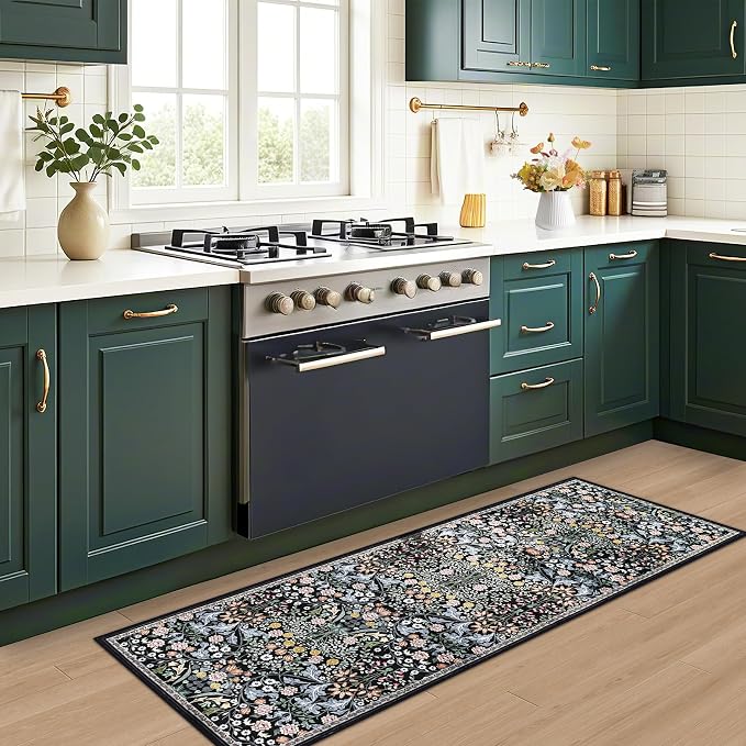 PLHXFR 2.6x8 Washable Runner Rug：Floral Indoor Kitchen Carpet Dark Black | - Image 6