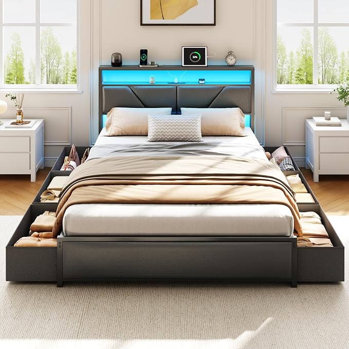 OURPIC Queen Bed Frame, 2-Tier Storage Headboard & 6 Fabric Drawers, PU Leather - Image 6