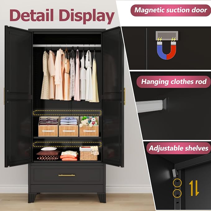 GAIOUS Steel Armoire Wardrobe Closet, 1 Adjustable Shelf and 1 Drawers - Image 3