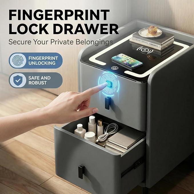 Smart Nightstand with Fingerprint Lock Drawers, Wireless Charging Support - Image 3