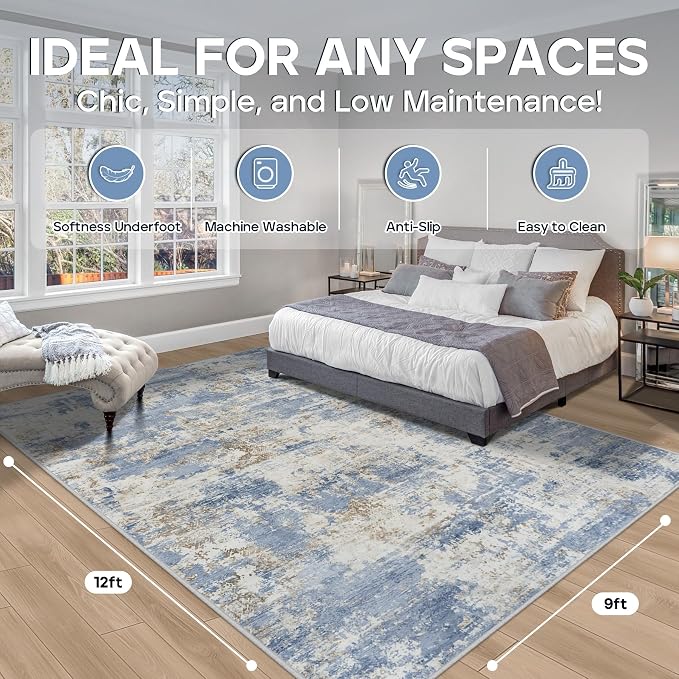 Aelenmu 9x12 Area Rugs for Living Room Bedroom Dining Room Washable Blue | Soft - Image 2
