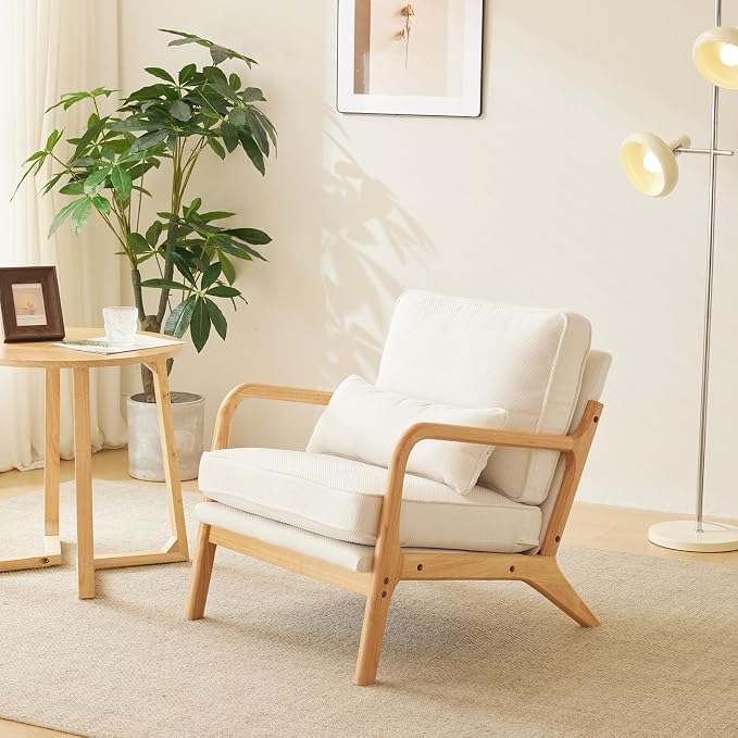 VINGLI Coarse Linen Beige Comfy Accent Chair, Mid Century Modern Lounge Armchair - Image 6