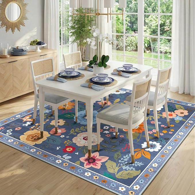RELEANY Floral Washable Square 5ft Area Rug Blue/Grey | Flower Carpet Print - Image 2