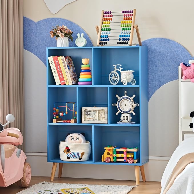 LEYAOYAO Cube Bookshelf 3 Tier Mid-Century Blue Modern Bookcase - Image 2