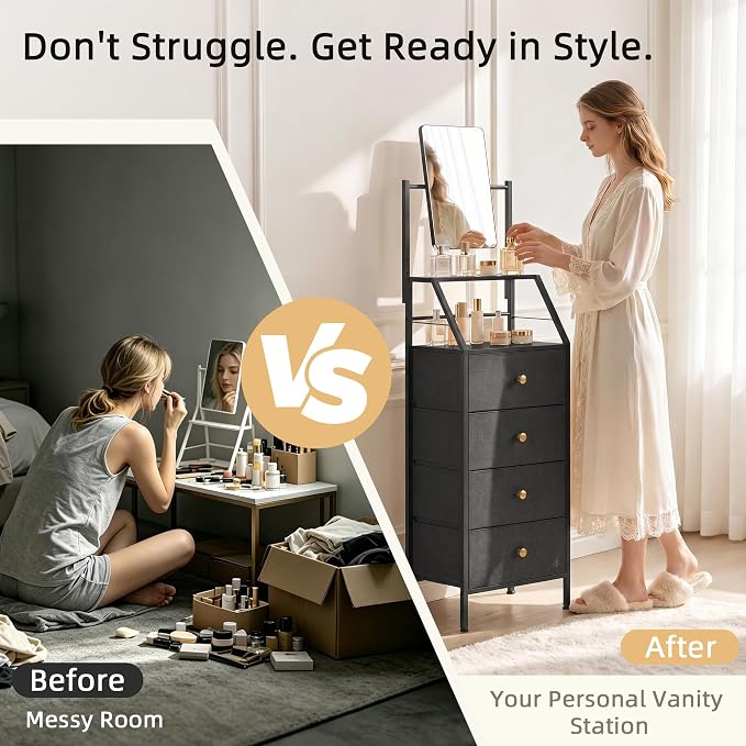 HIGDBFE 4-Drawer Dresser with Mirror, Vanity with 2-Tier Shelves, Fabric Chest - Image 3