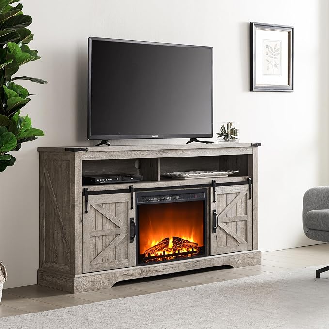 OKD Fireplace TV Stand for 65+ Inch TV, Rustic Media Console w/Sliding Barn - Image 7