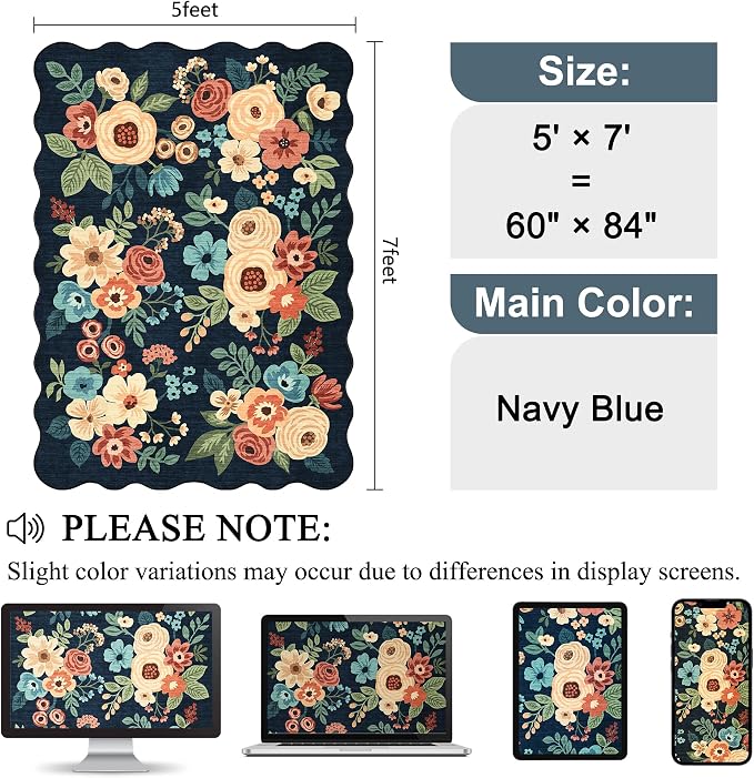 DUKINO 5x7 Area Rugs for Bedroom, Floral Washable Rug Non Slip, Stain Resistant - Image 2