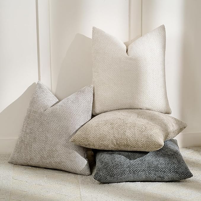 Volcanics Boho Throw Pillow Covers 18x18 Set of 4, Neutral Chenille Decorative - Image 2