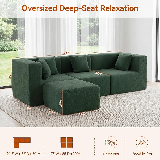 MONVANE 103'' Modular Sectional Sofa, Comfy Teddy Velvet Cloud Couch - Image 3